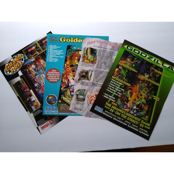 Pinball FLYERS Lot Of 4 Grand Prix Golden Cue The Flintstones Godzilla NOS Art - Picture 2 of 2